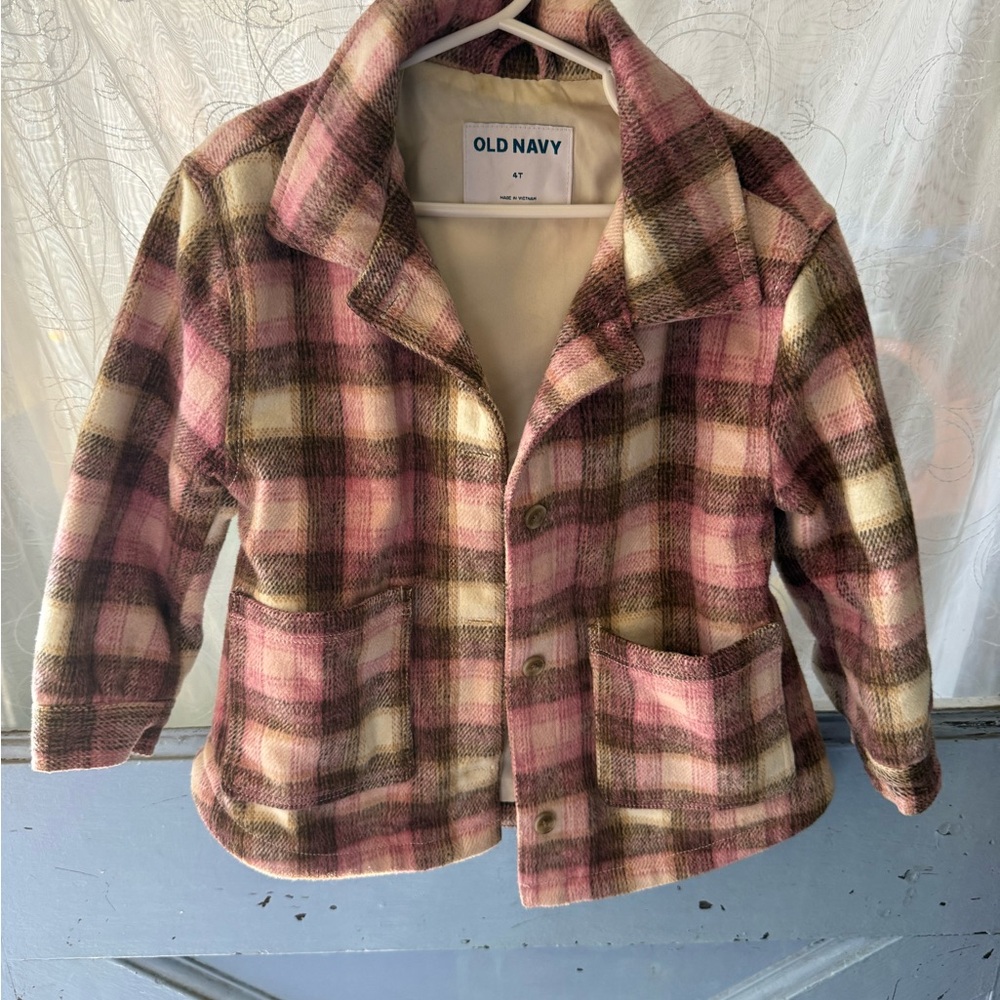 Old Navy girls  Pink and Brown Plaid Teddy Jacket